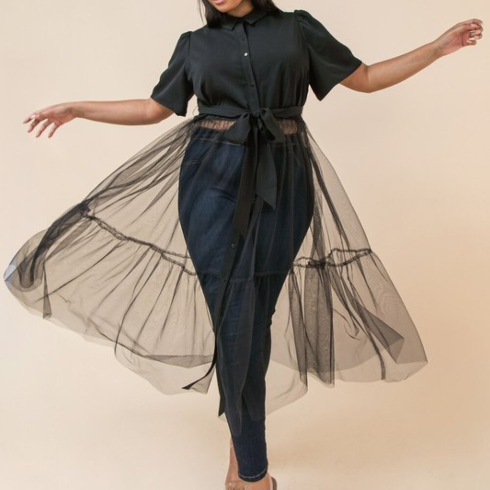 Uplifting Collared Mesh Belted Top (Plus Size)